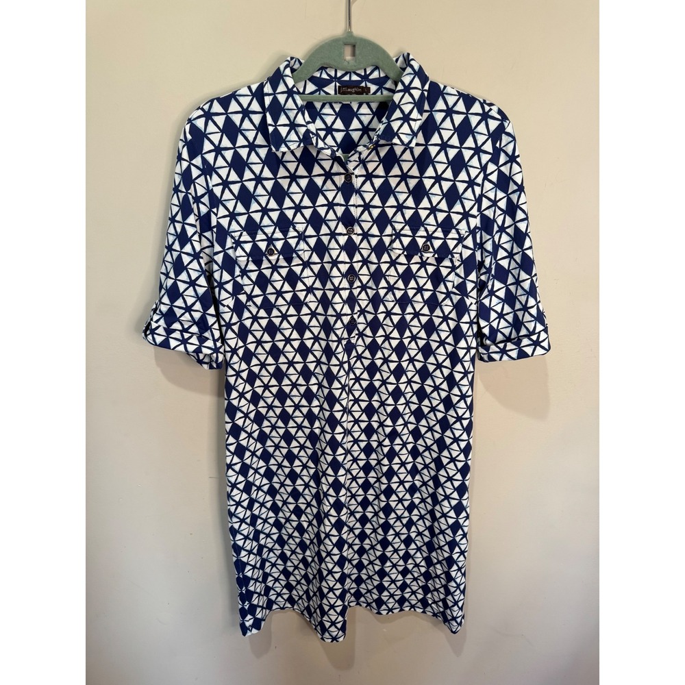 J McLaughlin Lawrence Dress Blue White Geometic Sz L $238‎